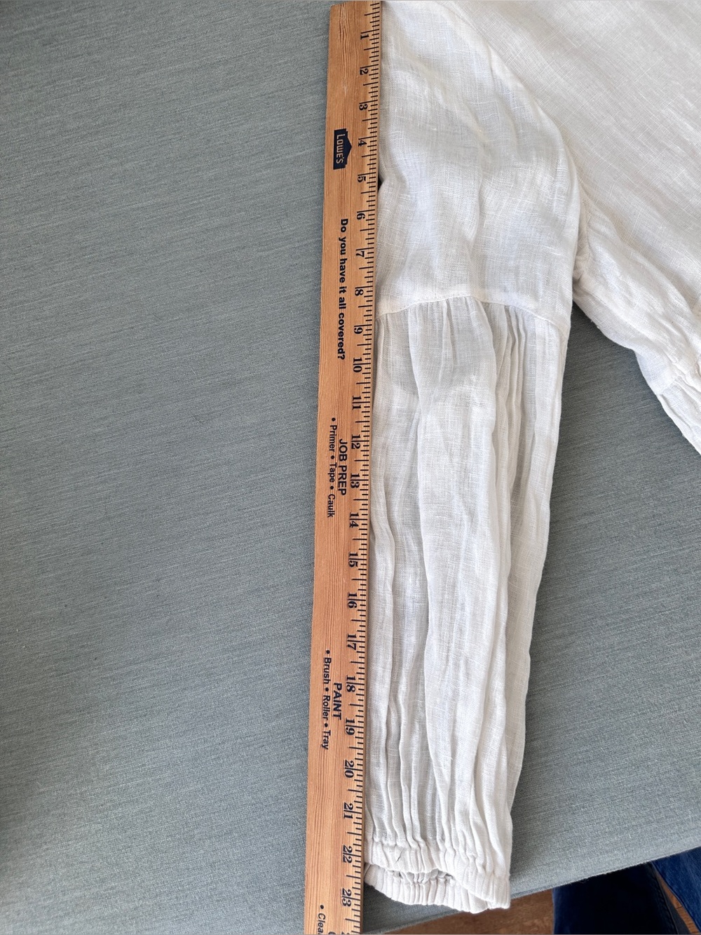 White Linen Peasant Blouse with Gathered Waist - Picture 6 of 8